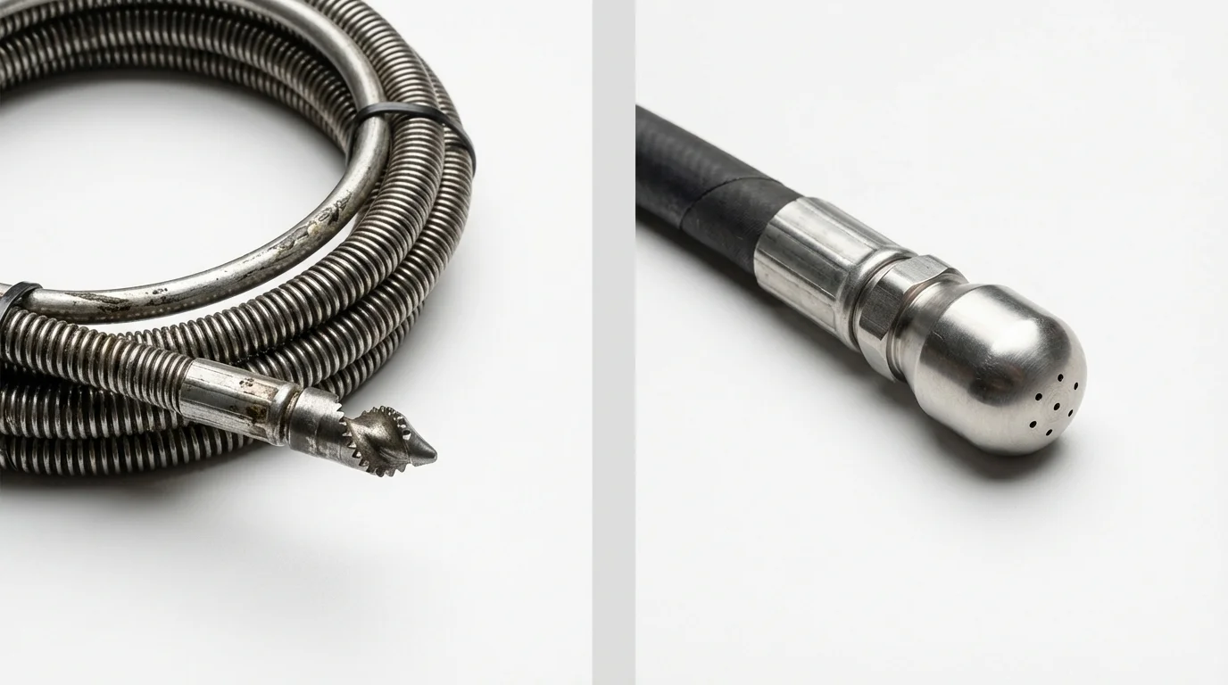 Drain snake cable and hydro jetting nozzle used for drain cleaning in Killdeer, ND