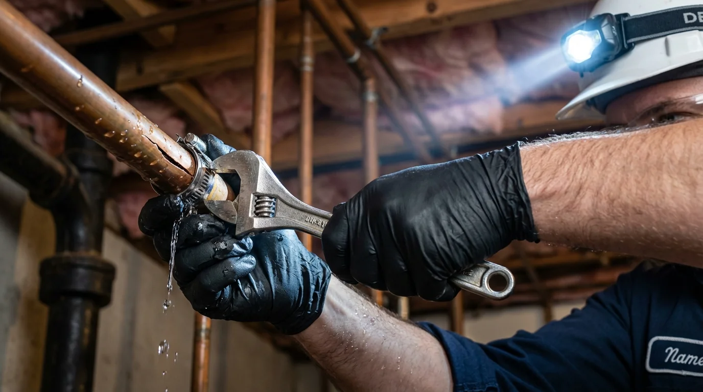 Emergency pipe clamp repair being performed by a Johns Plumbing LLC plumber in Killdeer