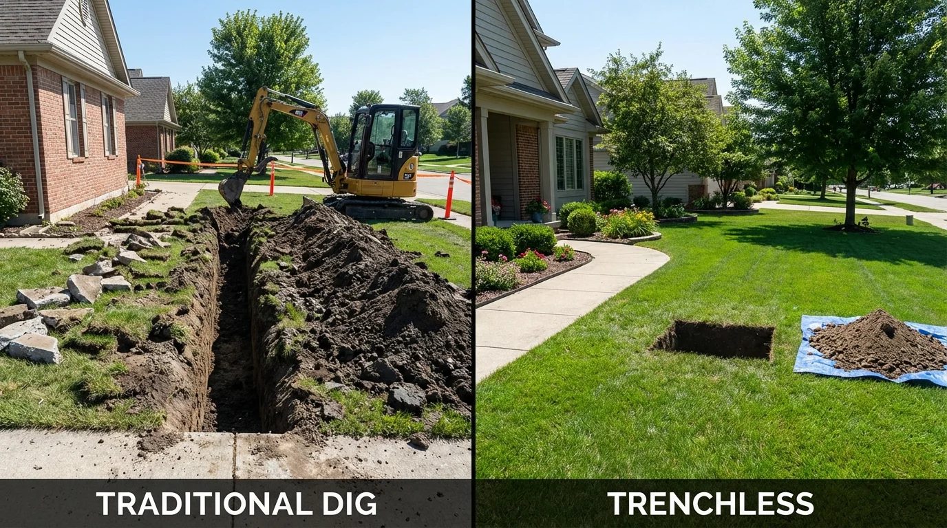 Trenchless sewer repair with minimal yard damage versus traditional excavation in Killdeer, ND