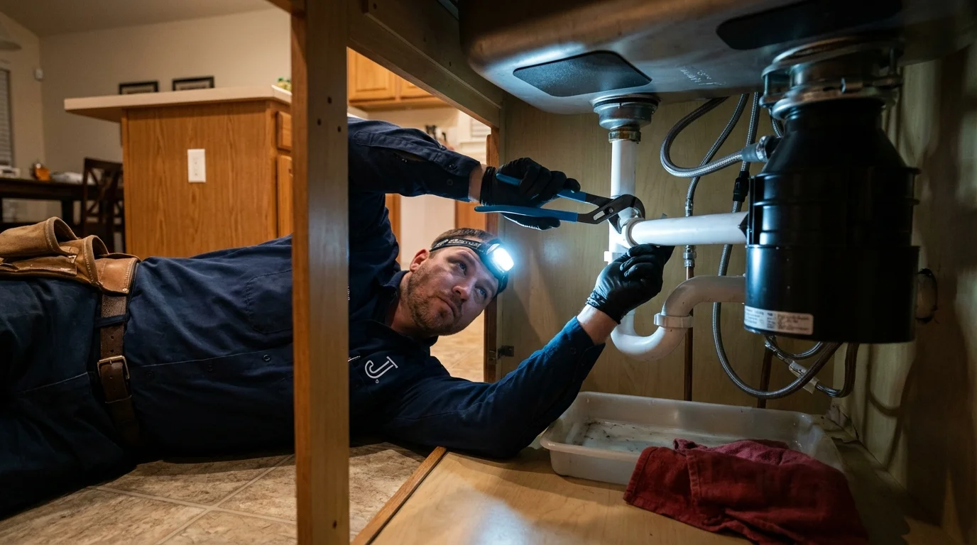 P-trap and supply line connections under a kitchen sink showing a common leak point in Killdeer, ND